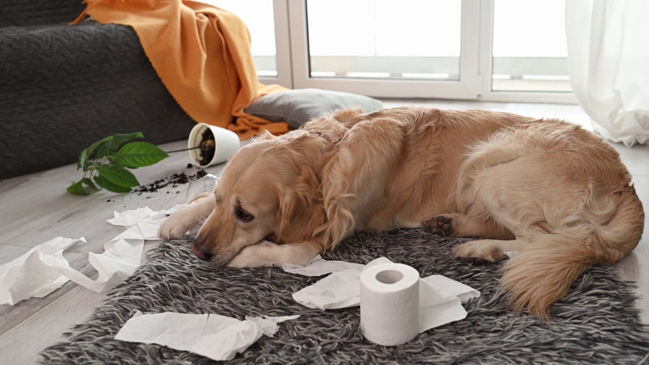 金毛猎犬在玩卫生纸视频素材