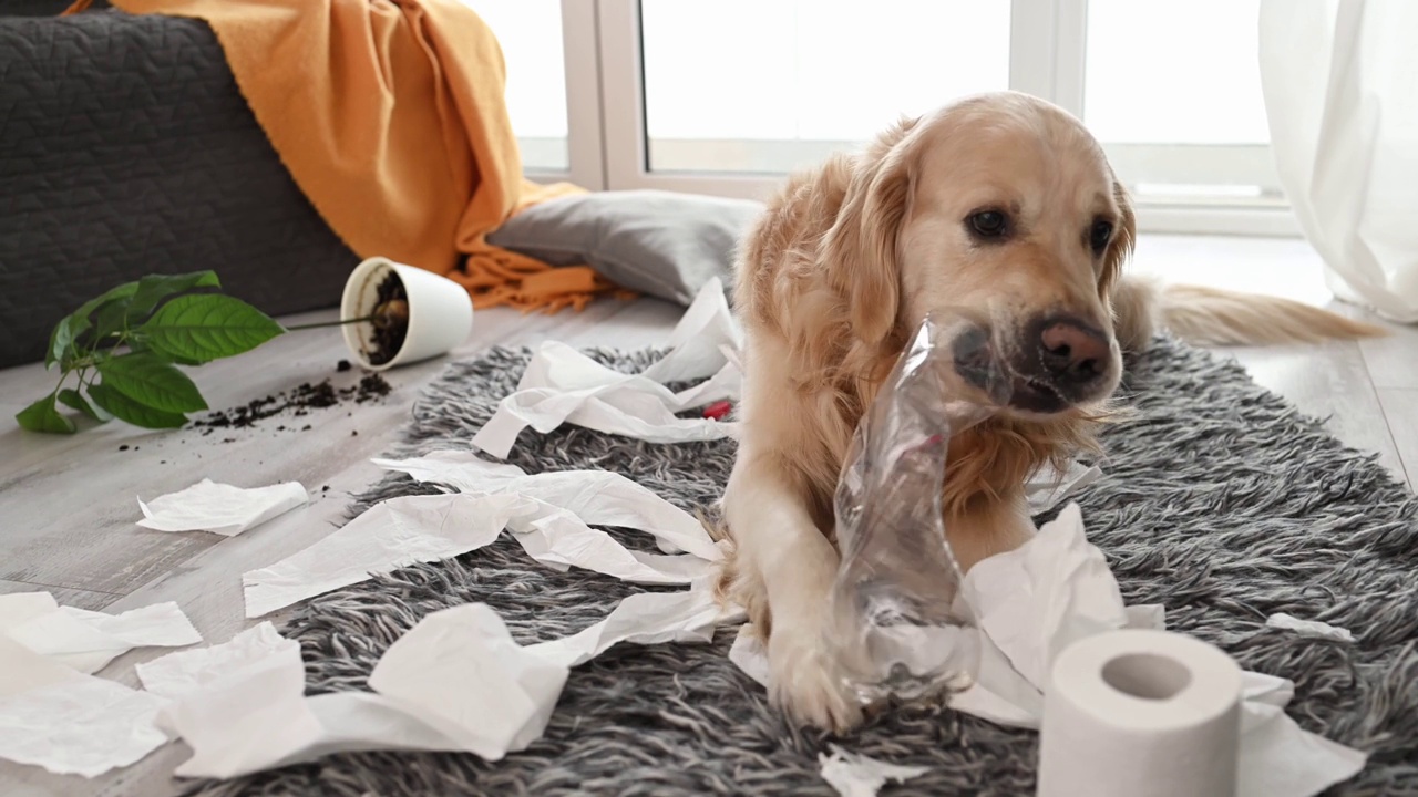 金毛猎犬在玩卫生纸视频素材