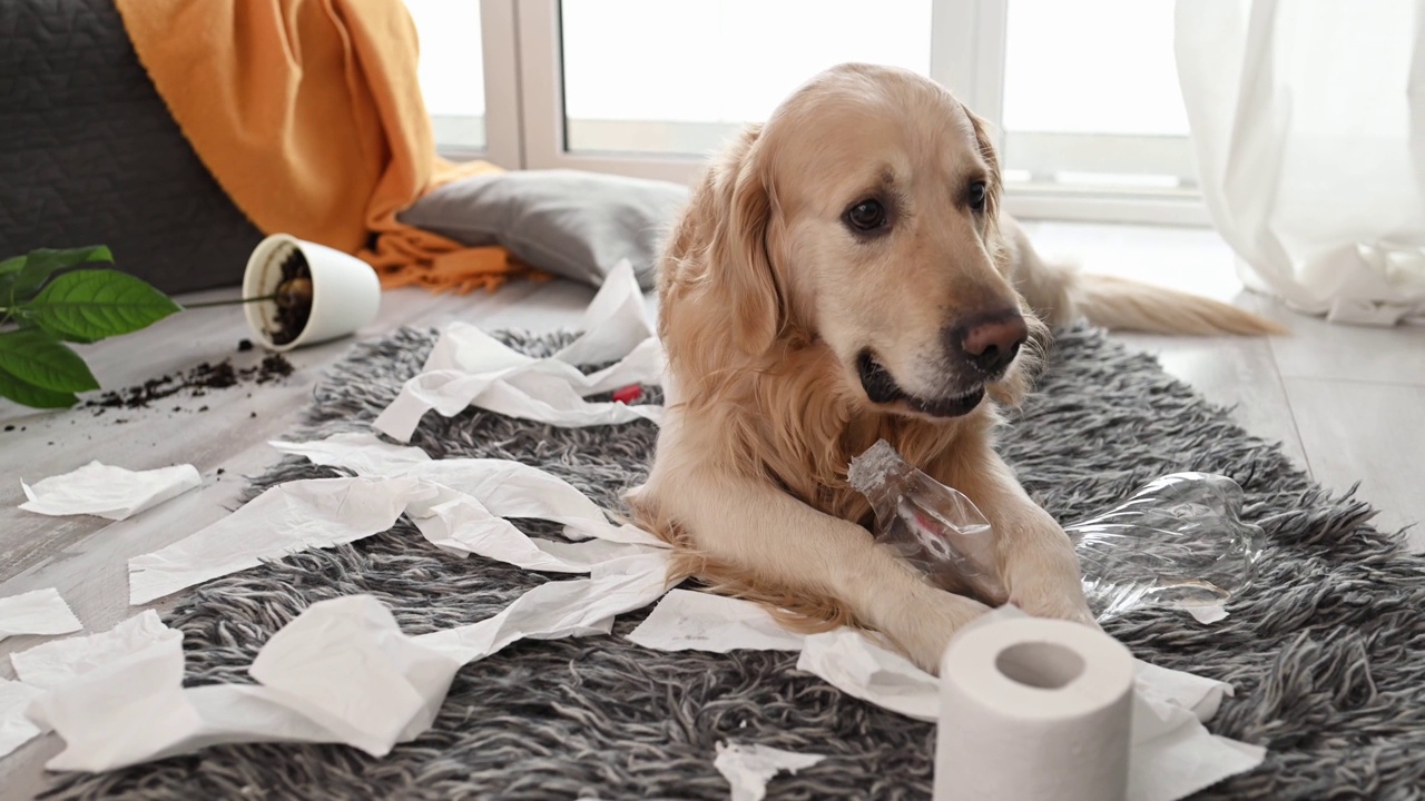 金毛猎犬在玩卫生纸视频素材