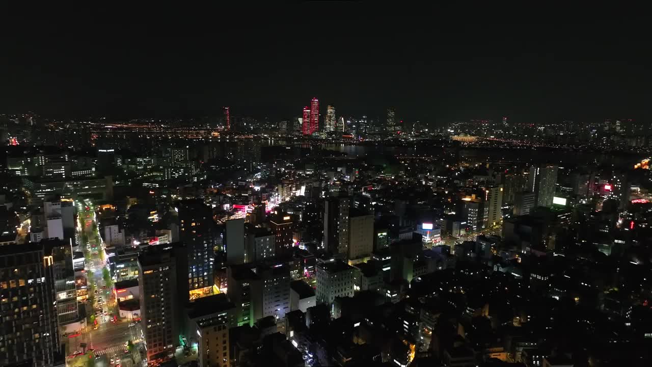 汉江夜景、合井夜景、弘益大学夜景、汝矣岛夜景、国会夜景、金融区夜景、道路夜景、建筑物夜景、首尔永登浦区麻浦区夜景视频素材