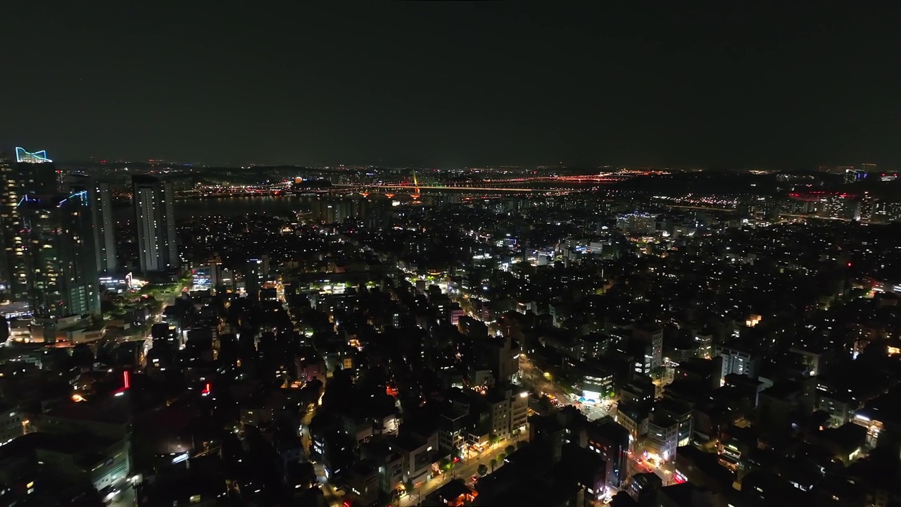 汉江夜景，合井，MECENATPOLIS，奥林匹克大桥，城市，道路和建筑/麻浦区，首尔，韩国视频素材