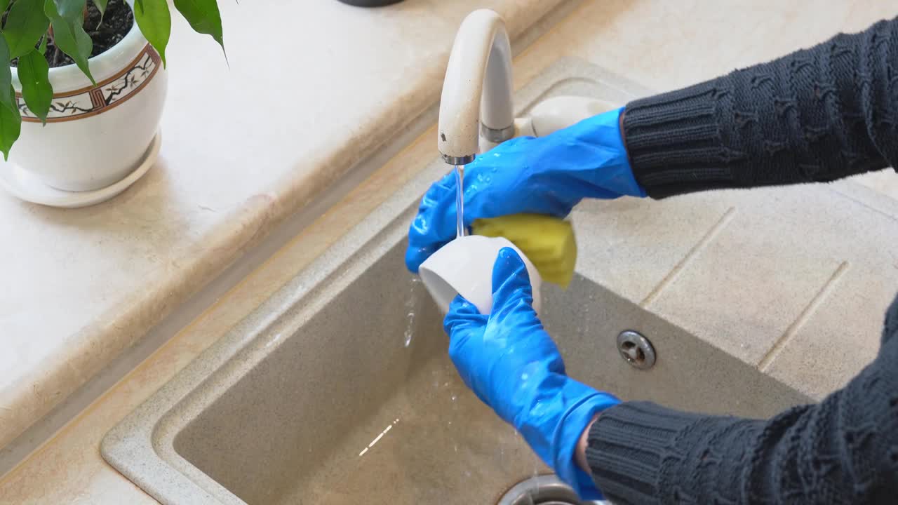 Maid use sponger wear blue latex gloves washes dishes in the ceramic sink on house kitchen indoors . A domestic worker woman wash coffee cups after guests arrive. Housewife girl doing household chores视频素材