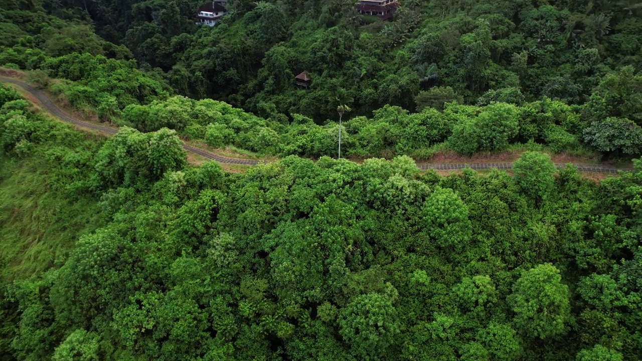 在绿色的山岭顶上看到的步道，航拍，相机四处飞行视频素材