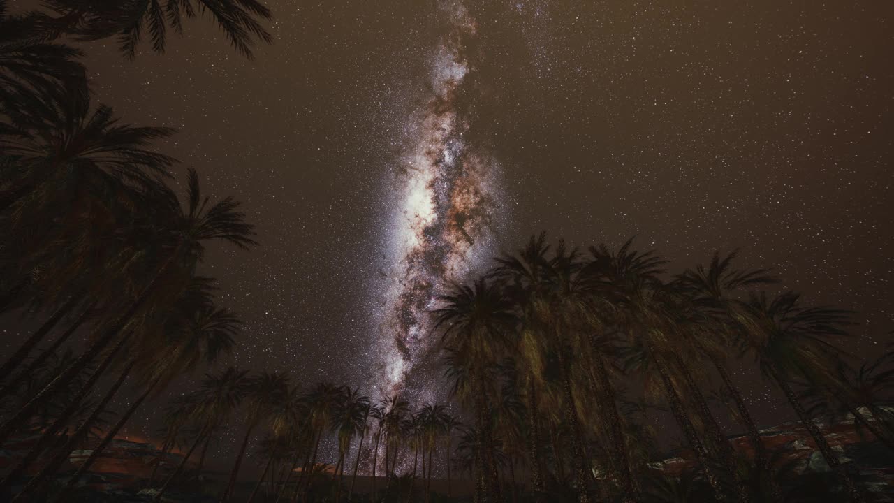 繁星点点的夜空映衬着椰树视频素材