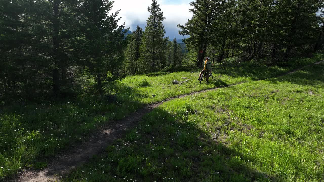 空中视角的山地自行车骑在郁郁葱葱的山脊视频下载