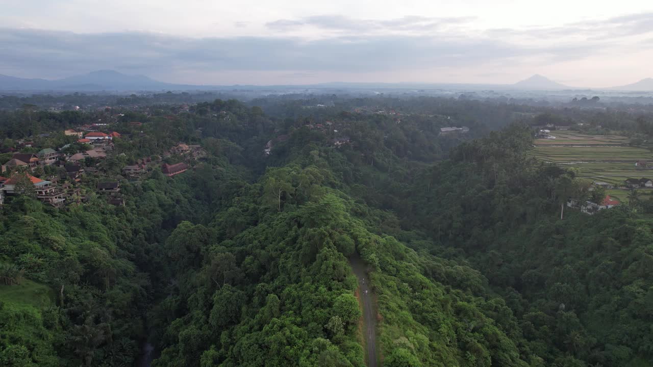 空中Campuhan Ridge步行乌布巴厘岛-郁郁葱葱，风景秀丽，以徒步旅行和横扫山顶的景色而闻名视频素材