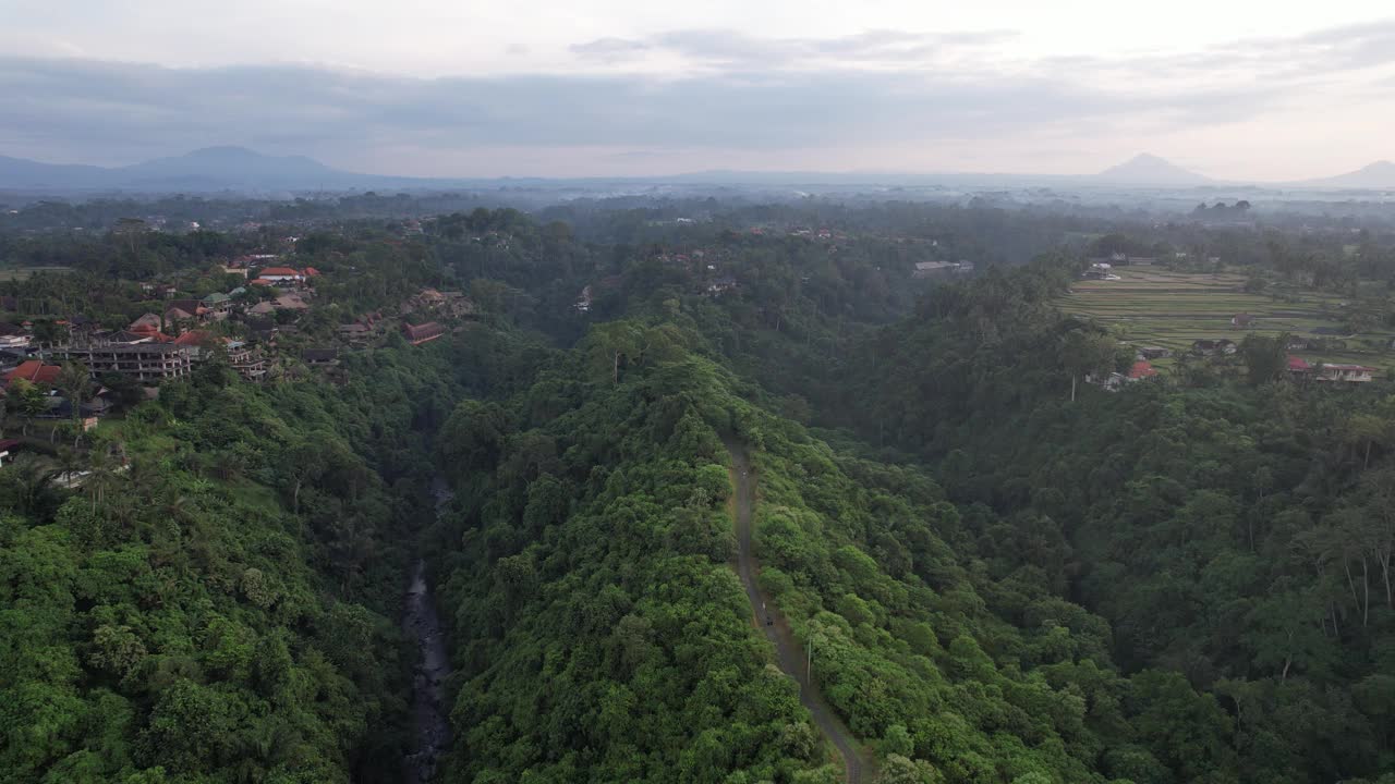 空中Campuhan Ridge步行乌布巴厘岛-郁郁葱葱，风景秀丽，以徒步旅行和横扫山顶的景色而闻名视频素材