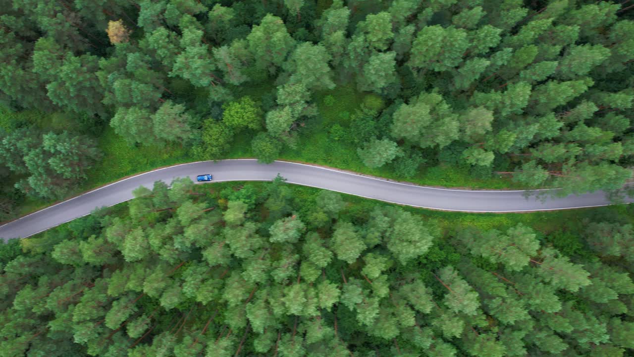 穿越森林的公路旅行。风景优美的夏季景观。鸟瞰图夏日，白色轿车行驶在柏油路上，穿过广阔的森林。汽车在松林道路上行驶的航拍照片。视频素材