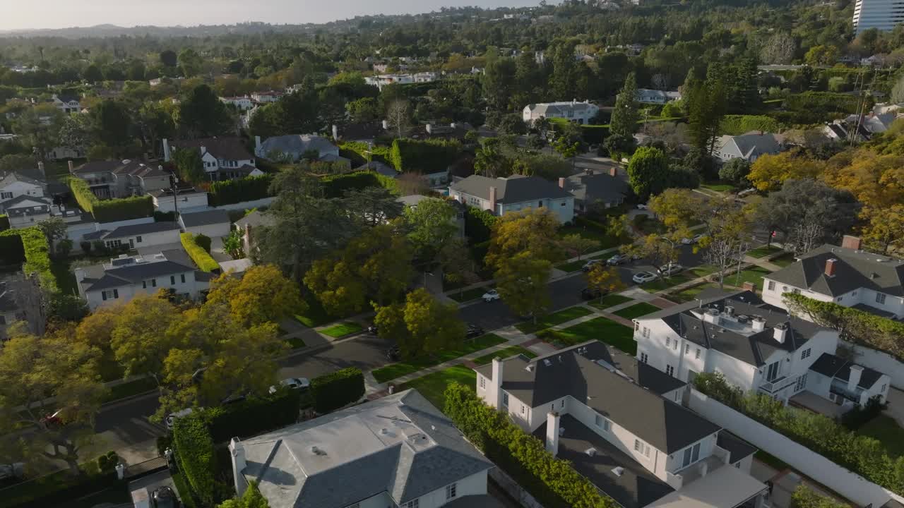 在住宅区上空飞行。鸟瞰图，街道两旁是落叶树和家庭住宅。视频素材