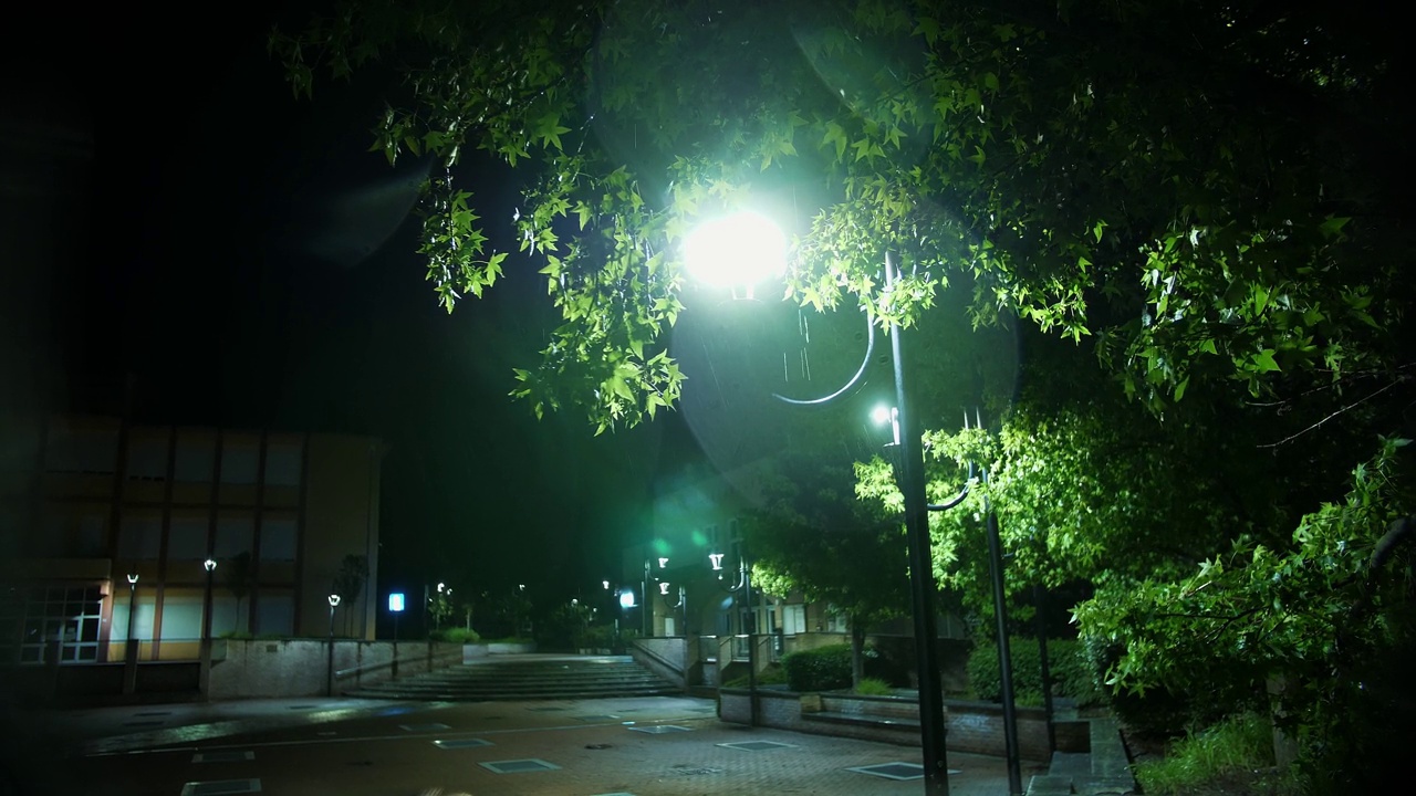 路灯。雨下降。夜里下雨了。光雨。水坑与灯光反射在城市人行道上。路灯。雨滴与路灯。视频素材