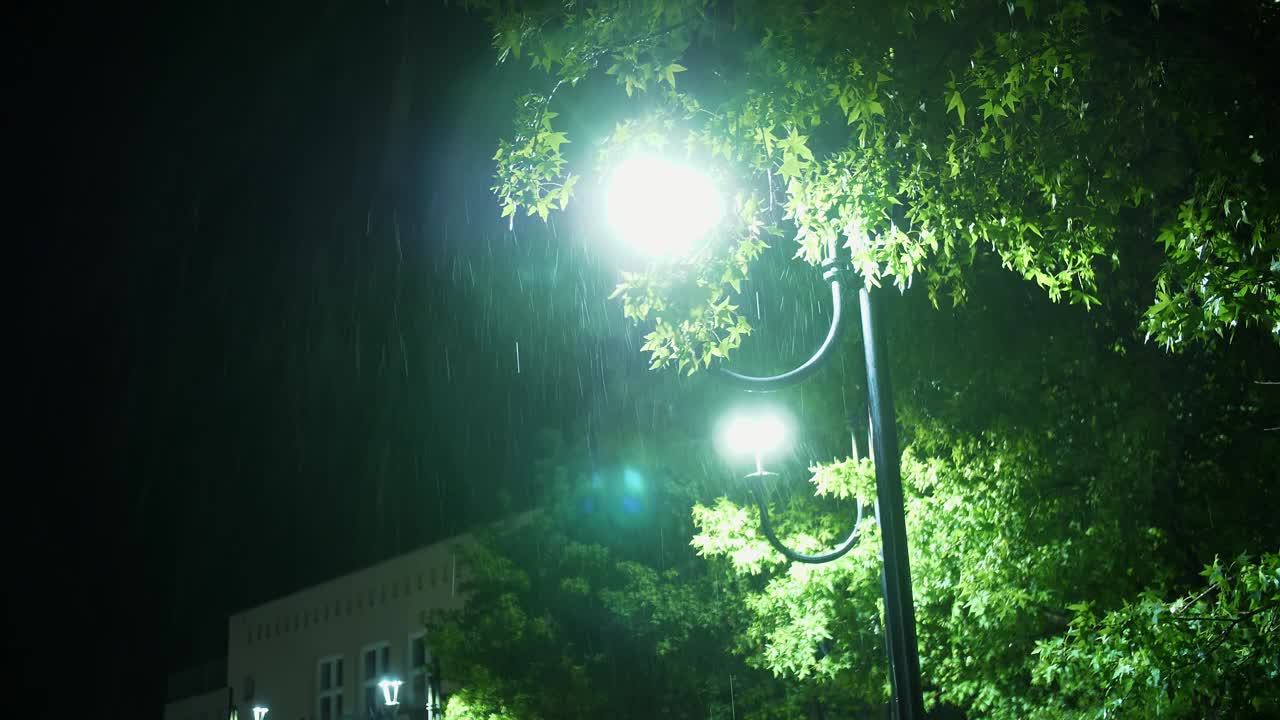 路灯。雨下降。夜里下雨了。光雨。水坑与灯光反射在城市人行道上。路灯。雨滴与路灯。视频素材