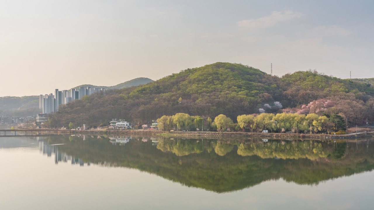 早晨的墨旺湖、墨旺水库和春天/韩国京畿道始兴市视频素材