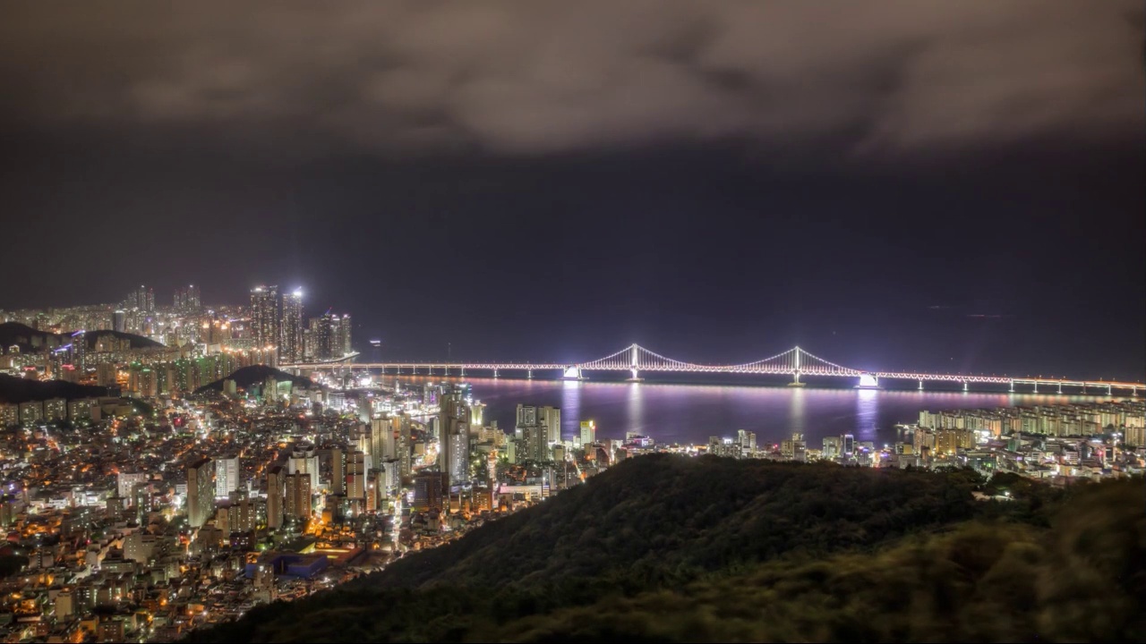 夜晚的海洋城和广安桥附近的市中心/韩国釜山海云台区水营区视频素材