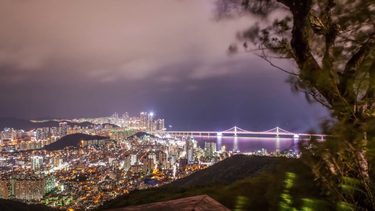 夜晚的海洋城和广安桥附近的市中心/韩国釜山海云台区水营区视频素材