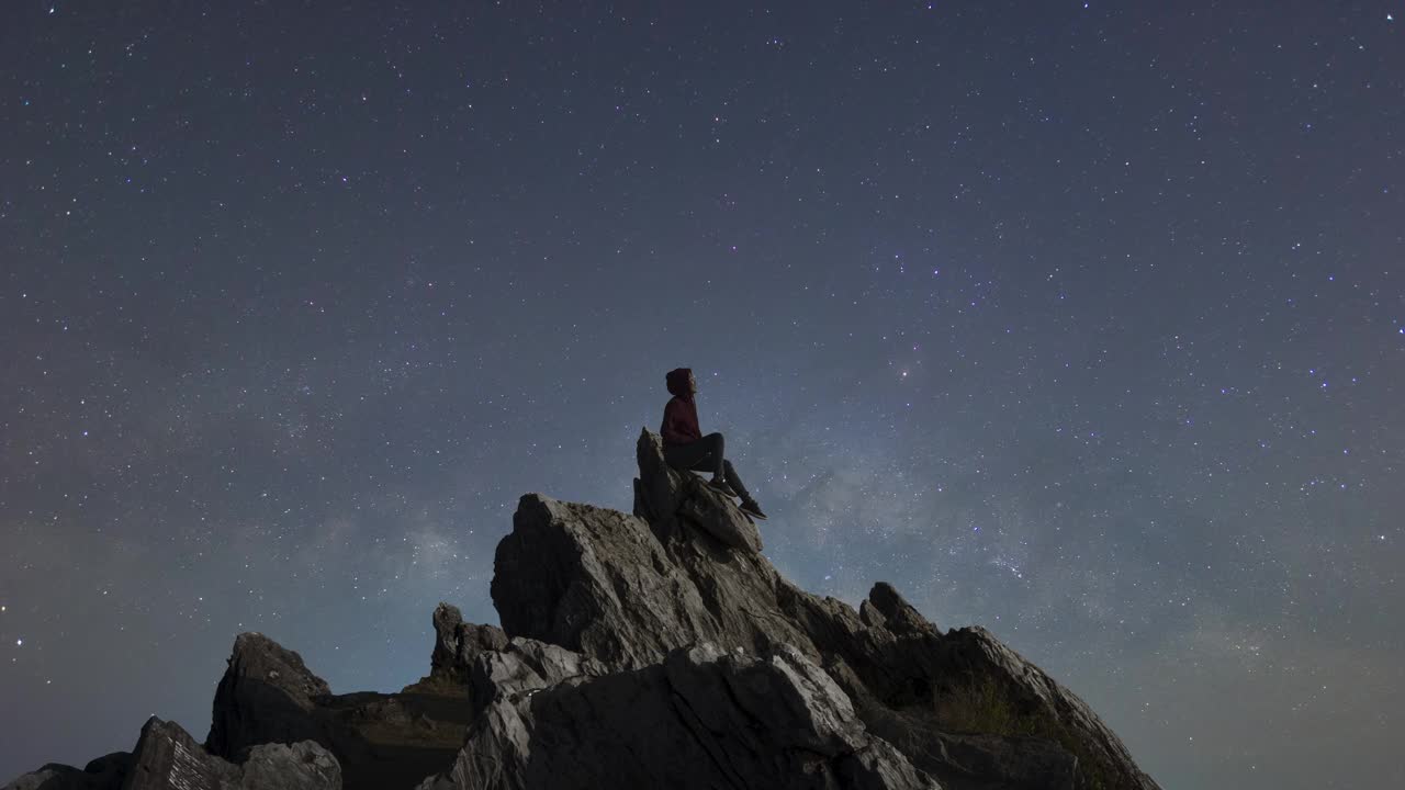 延时视频动画游客女子坐在岩石上，Doi Pha Tang观景点，黑暗的夜空。银河系在泰国清莱的天空中慢慢移动。视频素材