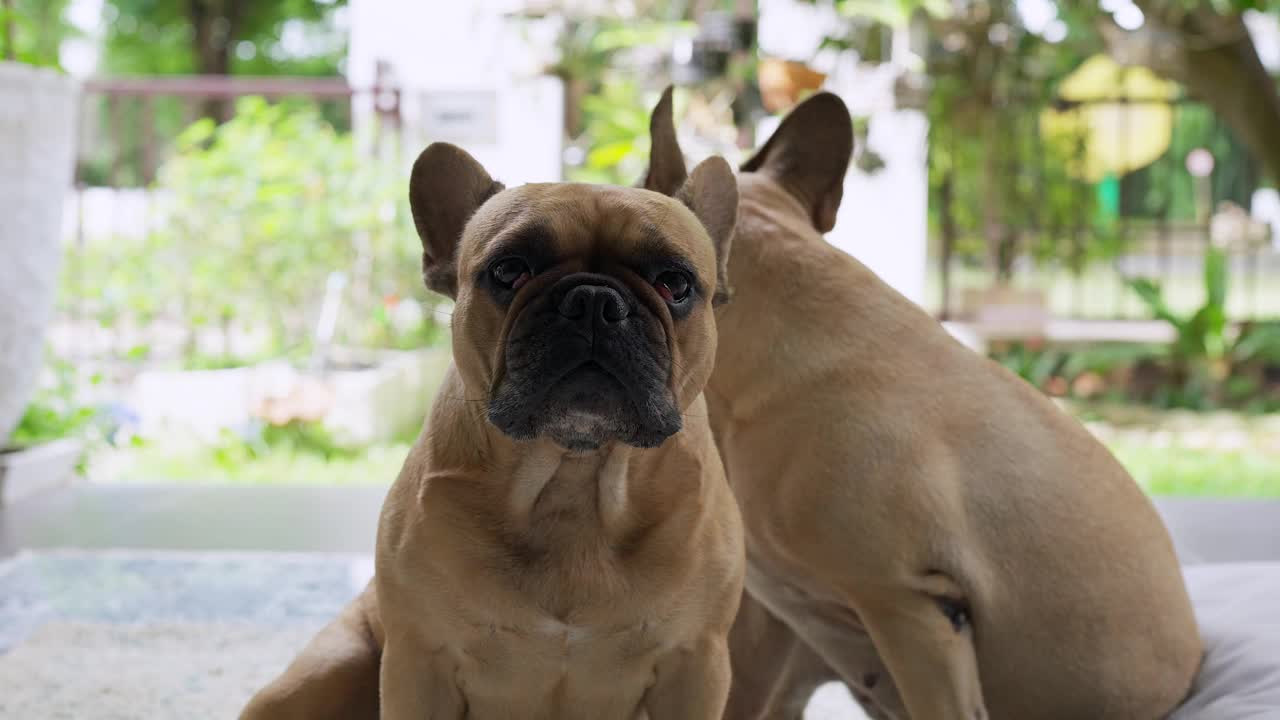 法国斗牛犬在阳光明媚的日子里坐在户外。视频素材