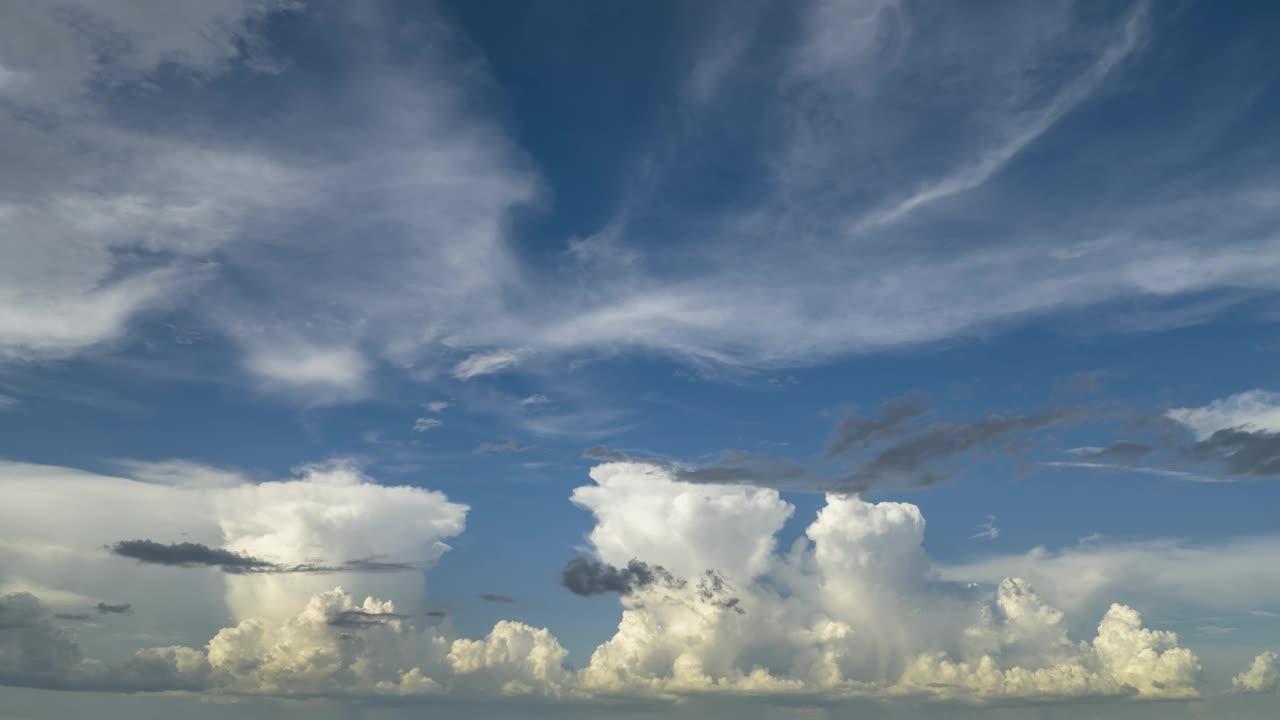 夏日蓝天上，雷暴前形成的白色蓬松积雨云。移动和变化的云景天气视频素材