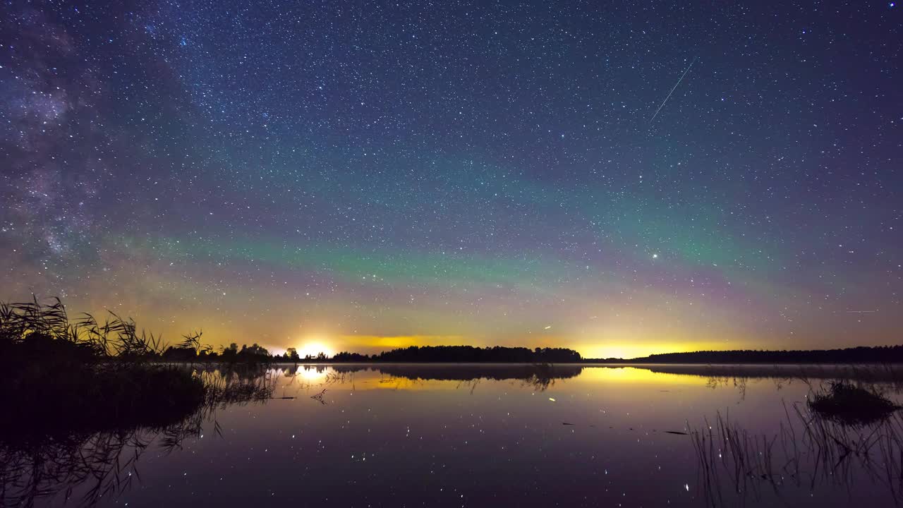 银河系在夜空中移动，英仙座流星雨时分。夜空中闪烁着绿光。视频素材