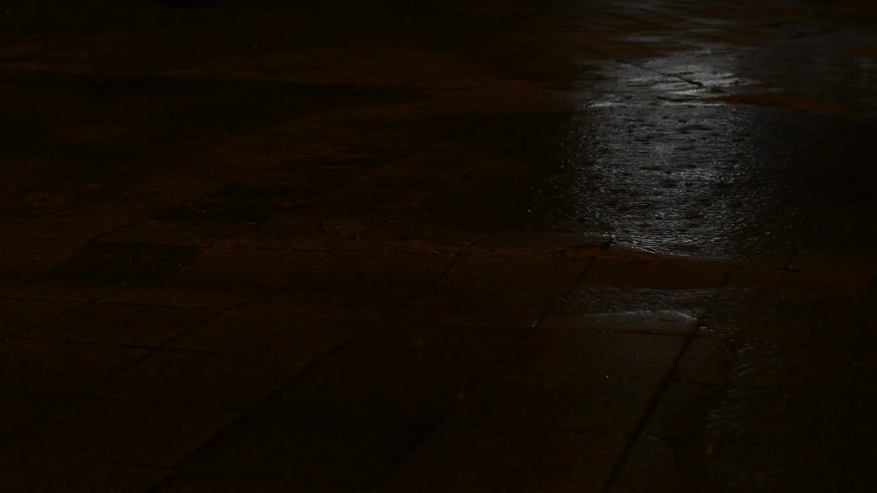 夜倾盆大雨，雨滴落在水坑里。夜雨和雨滴落在水坑里。夜雨视频素材