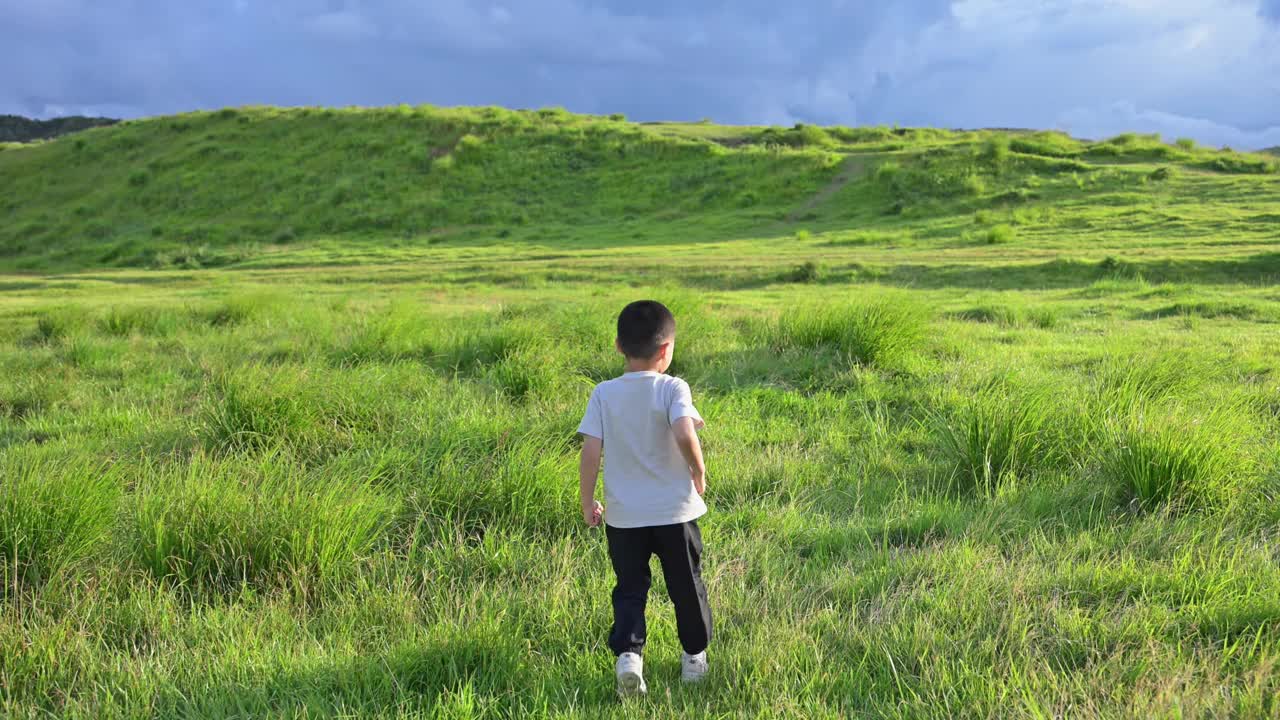 一个亚洲男孩在阳光明媚的草坪上玩耍视频素材