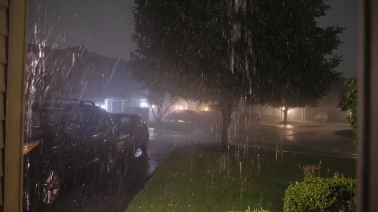 大雷雨和暴雨落在家庭房屋附近的街道上。雷雨天。宽镜头视频素材