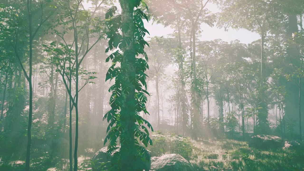 阳光透过雨林中的树叶倾泻而下视频素材