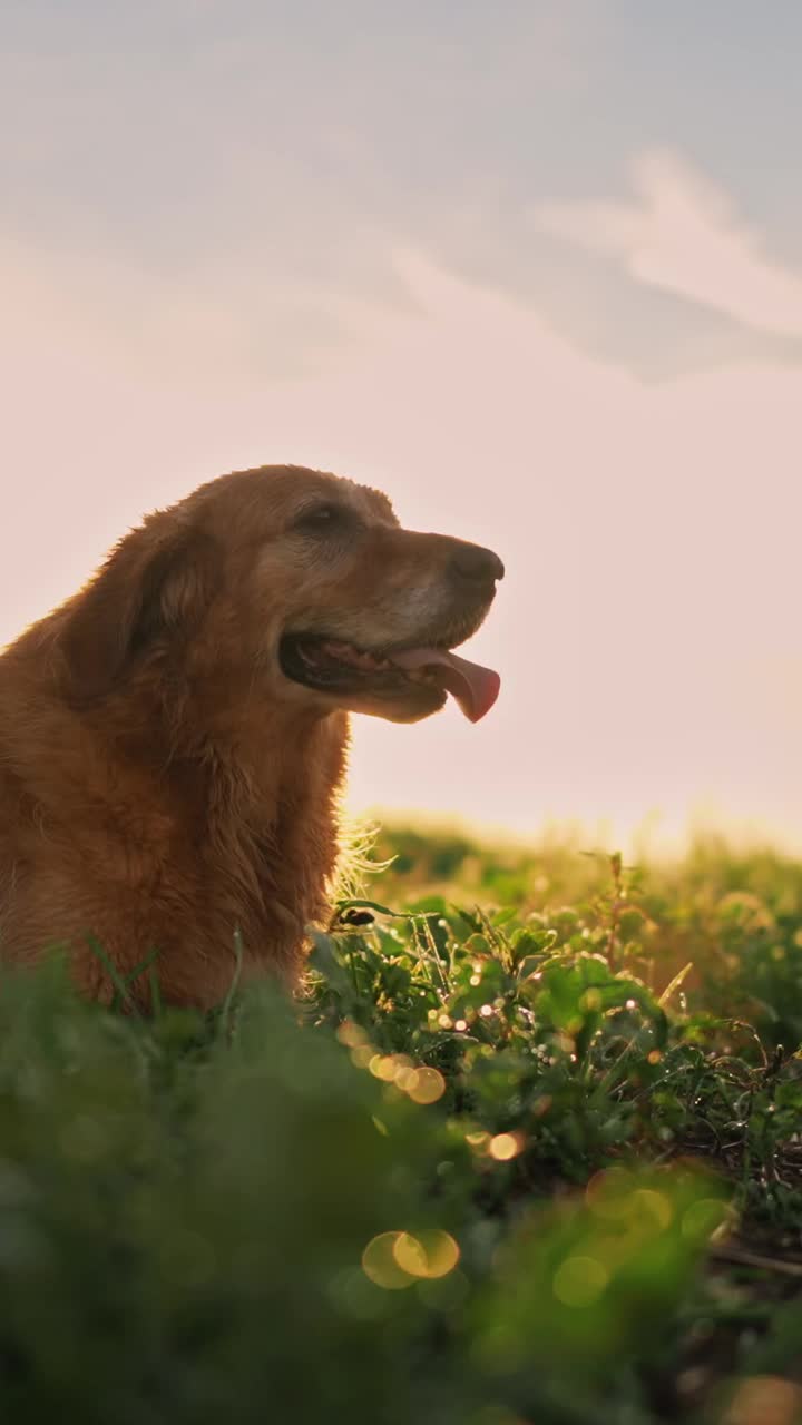 金毛猎犬在日出的农田上放松-垂直视频素材