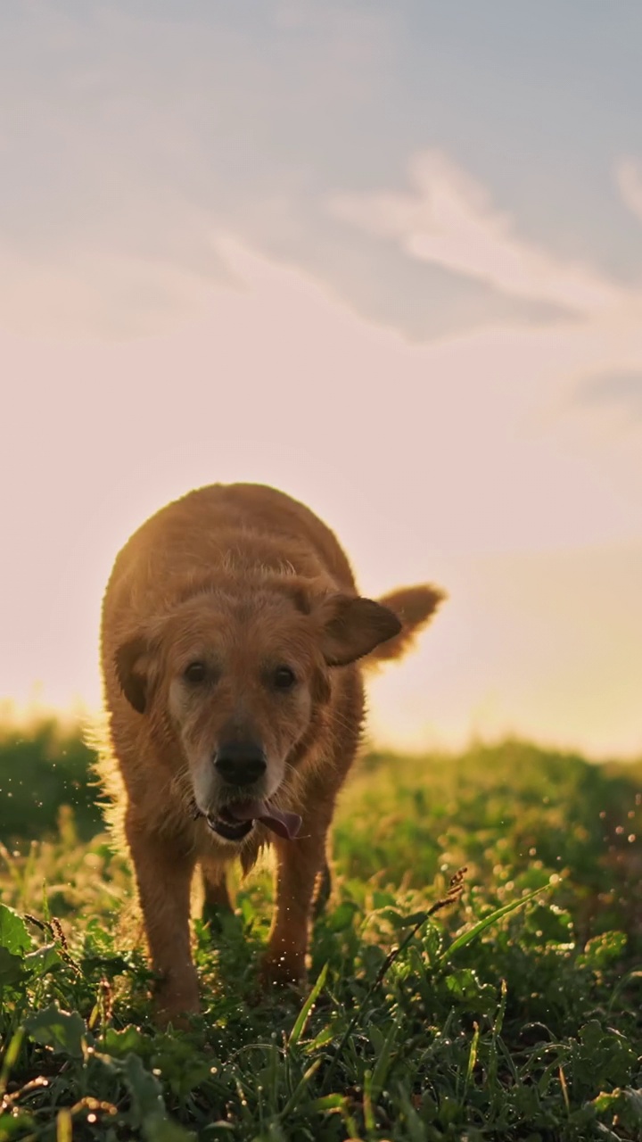 可爱的金毛猎犬在农场上奔跑在天空下的日出-垂直视频素材