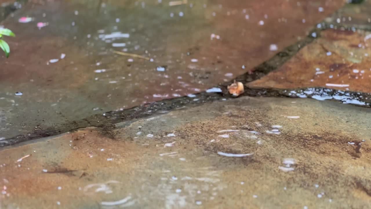 近距离的雨滴落在石头上的大水坑里，淹没了街道的气候变化概念视频素材