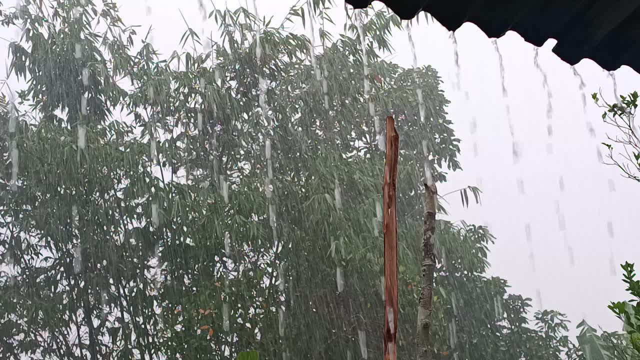 大雨伴随着强风，屋顶上渗出了很重的水视频素材