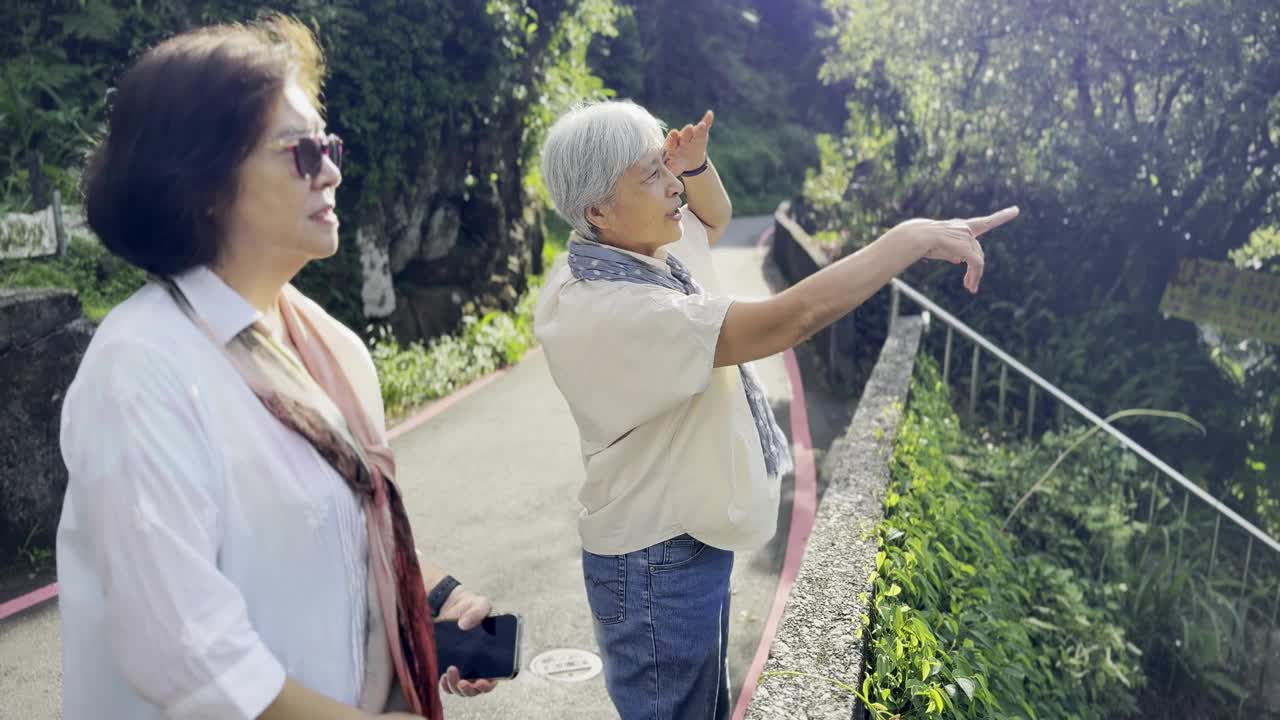 两个上了年纪的亚洲女人，是一辈子的朋友，在台湾九分观光，俯瞰着远处的城市和海景。视频下载