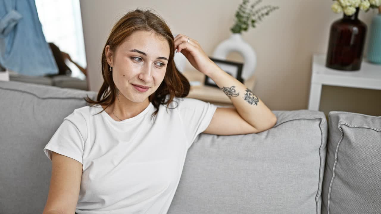 年轻女子微笑着自信地坐在家里的沙发上望向一边视频素材