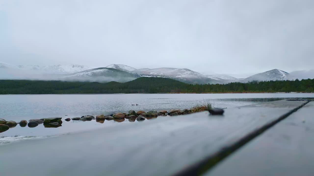 湖面的静态照片，水鸟在水面，山脊在背景。冬季景观全景图。英国苏格兰视频素材