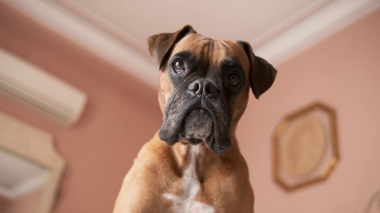 专心的拳师犬靠墙和天花板站在房间里视频素材