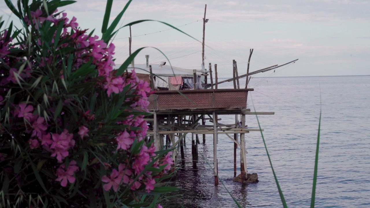 日落时分，Trabocco带着鲜花视频素材