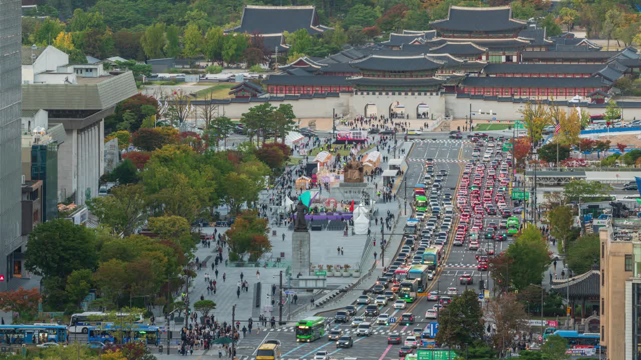 景福宫、光化门广场、北角山、世宗路及周边白天和黑夜/韩国首尔钟路区视频素材