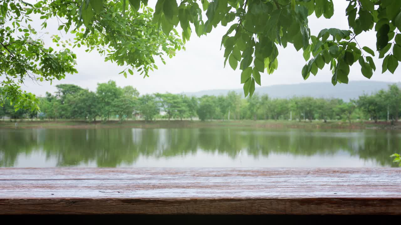 湖上的木桌，绿树背景。视频素材