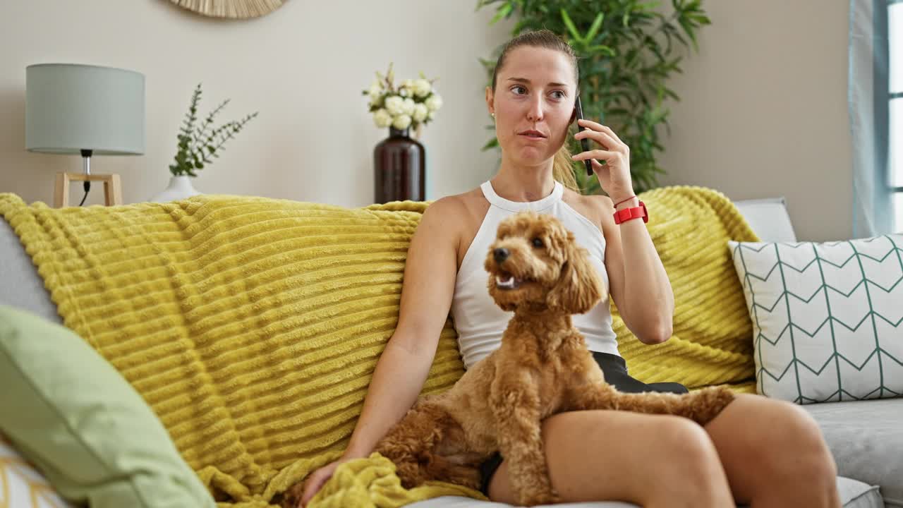 年轻的白种女人带着狗坐在沙发上讲电话视频素材