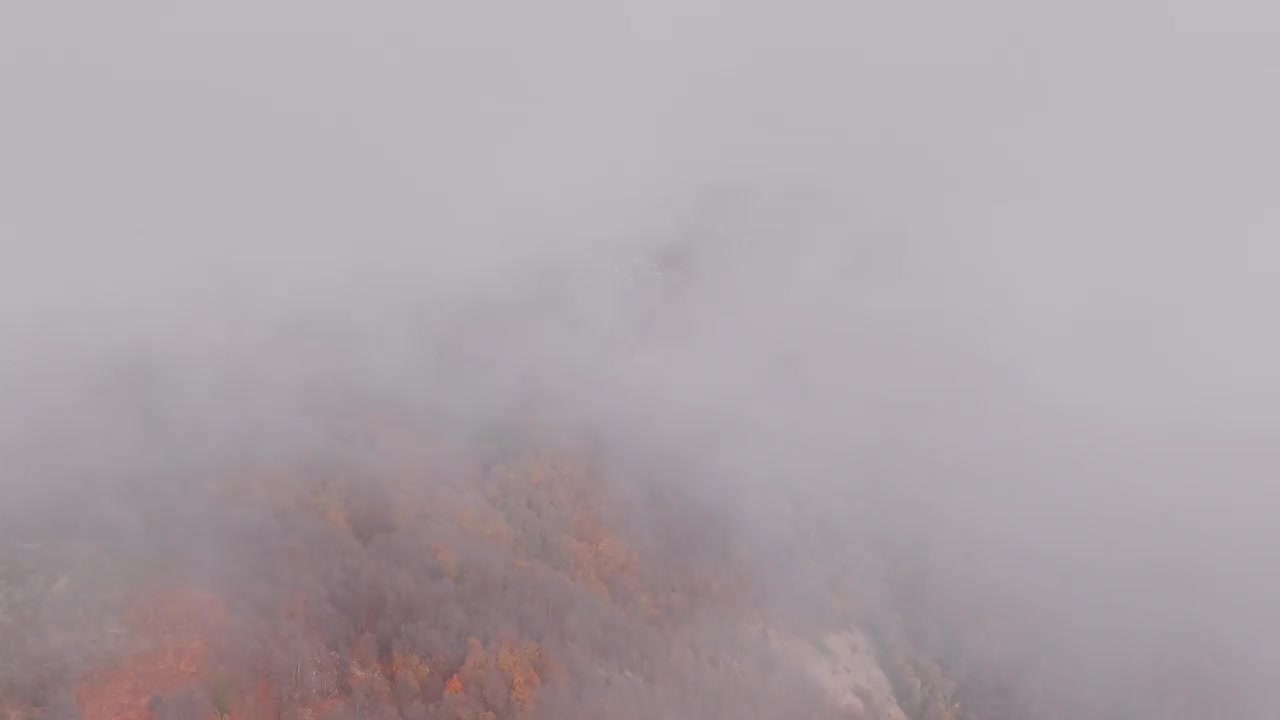 美丽而令人惊叹的航拍照片，在丘陵和岩石山脉上拍摄了五颜六色的绿色，黄色和红色森林，低垂的云和雾。-库存视频视频素材