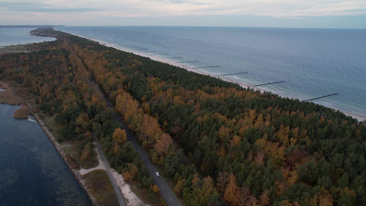 路坐落在色彩缤纷的秋天森林和宁静的海岸线在黄昏-海尔半岛视频素材