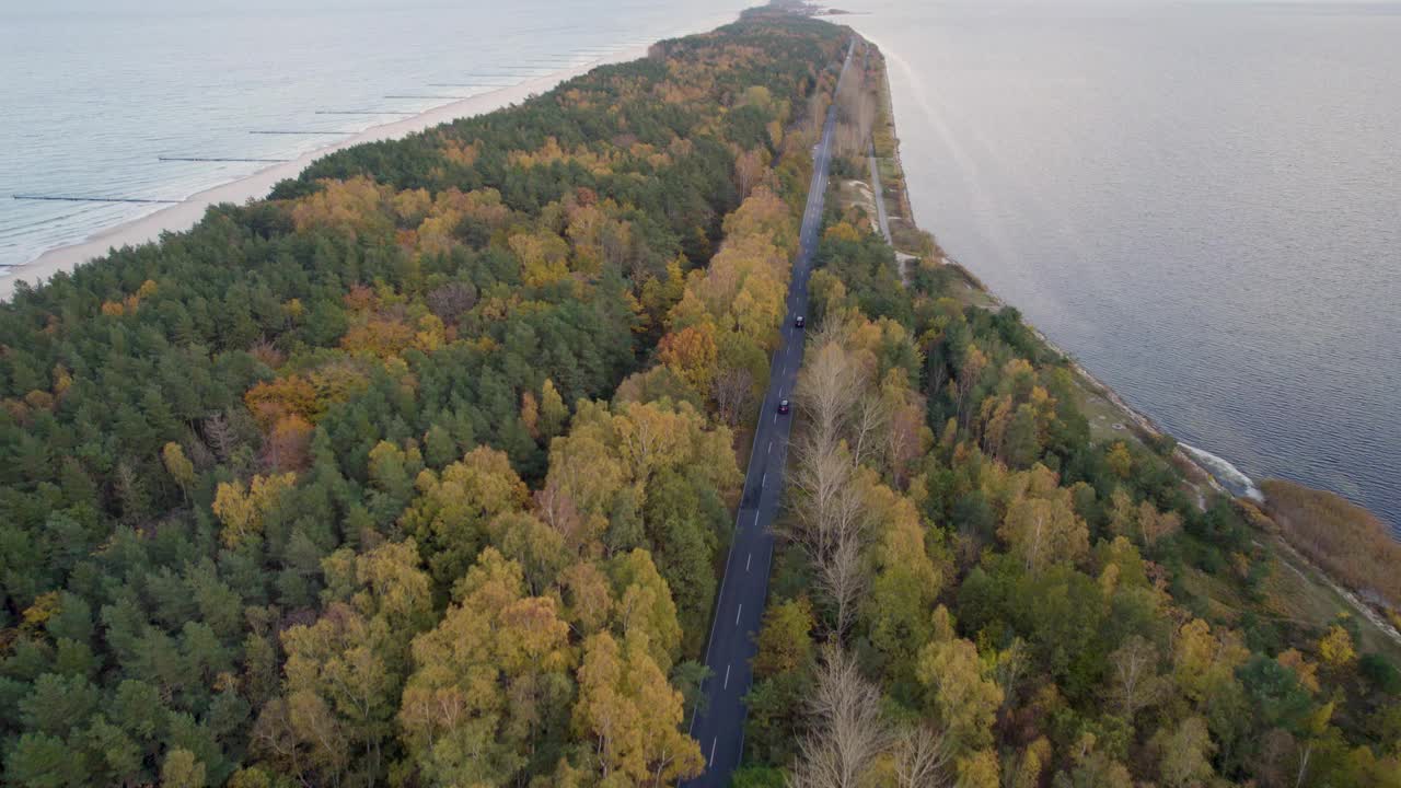 漫长的道路在金色的秋天森林和日落的海滩之间伸展-赫尔半岛视频素材