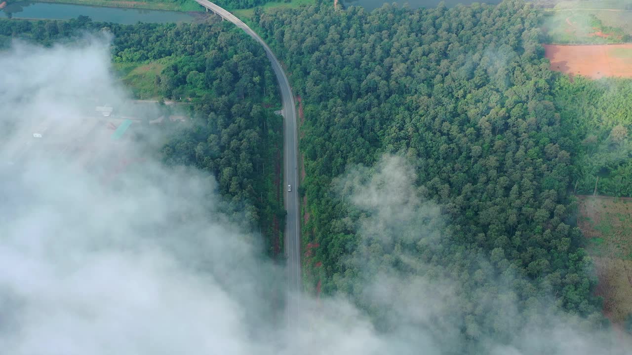 鸟瞰图:雨季，公路穿过热带雨林，雾气弥漫视频素材