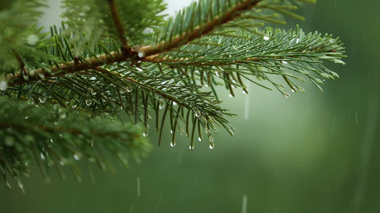 青松枝上的水滴。密林中的阵雨，降雨特写。针叶林的雨天。松叶上的慢动作雨滴。大雨落冷杉树枝。视频素材