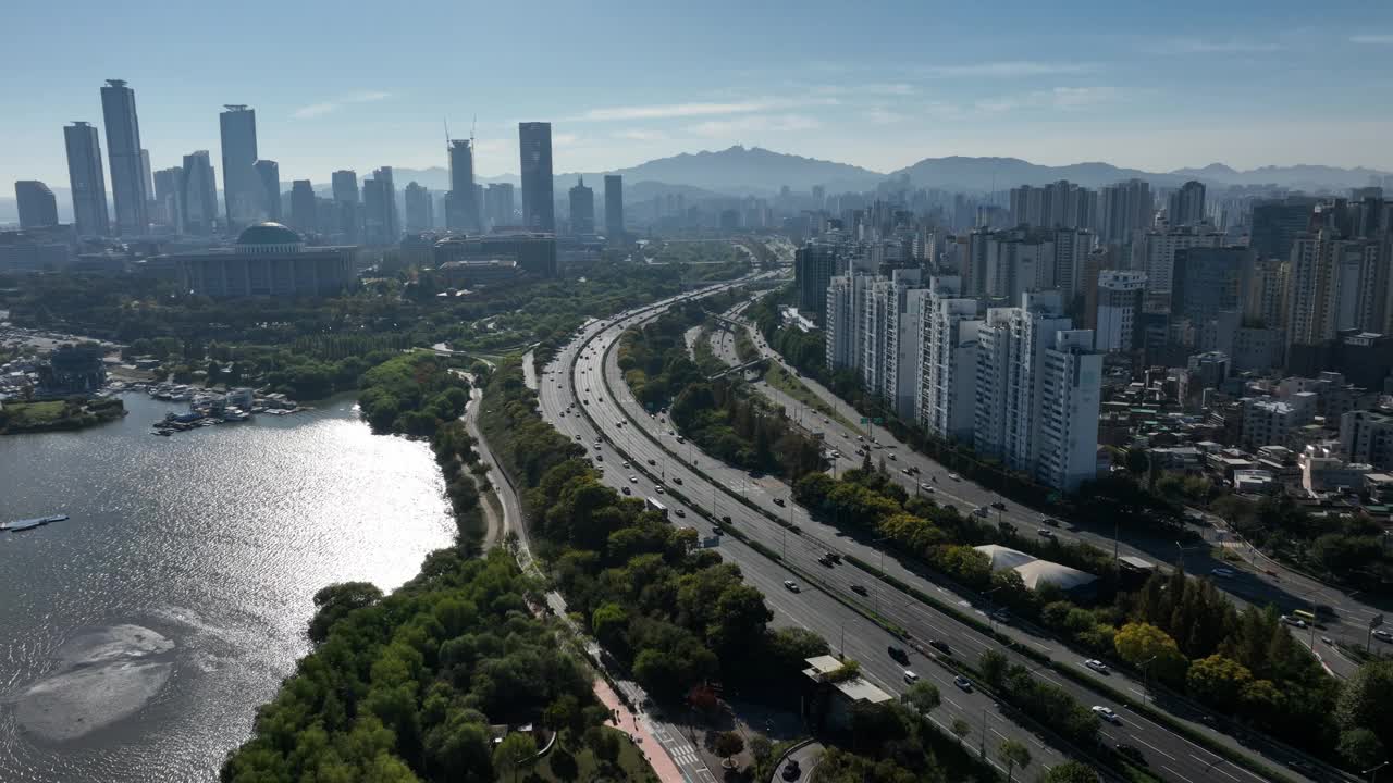 韩国首尔永登浦区汝矣岛、奥林匹克大道、国会大厦及周边地区视频素材