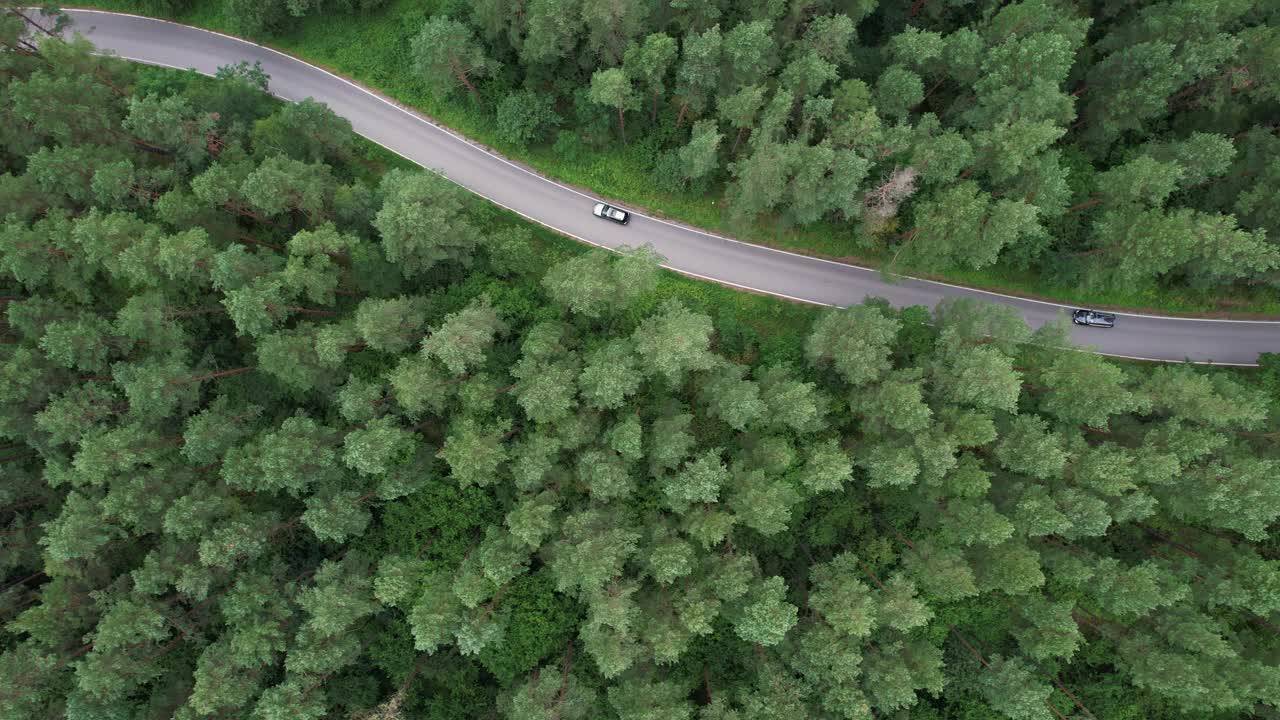 夏日，黑色轿车行驶在柏油路上，穿过广阔的森林。汽车在松林道路上行驶的航拍照片。穿越森林的公路旅行。风景优美的夏季景观。视频素材