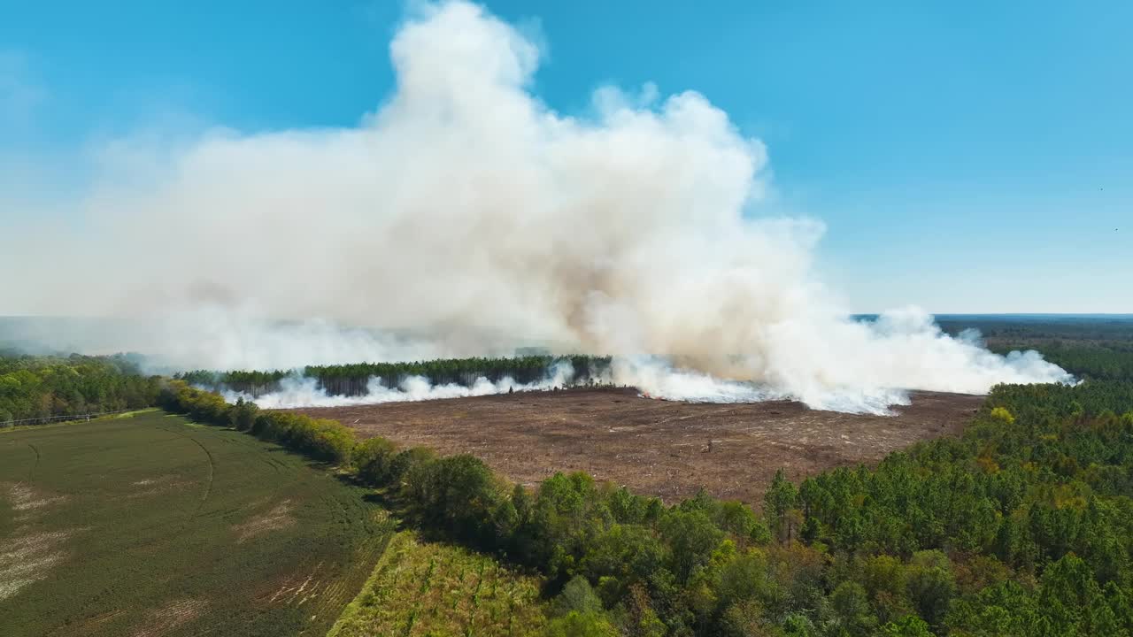 鸟瞰图:森林大火产生的白烟上升，污染了大气。自然灾害概念视频素材