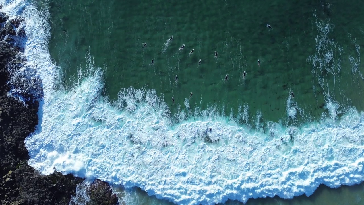 无人机空中景观鸟瞰冲浪者鸭子潜水划桨出海排队海浪膨胀岩石岬角海底沙洲基亚马海滩旅游新南威尔士州澳大利亚南海岸4K视频素材