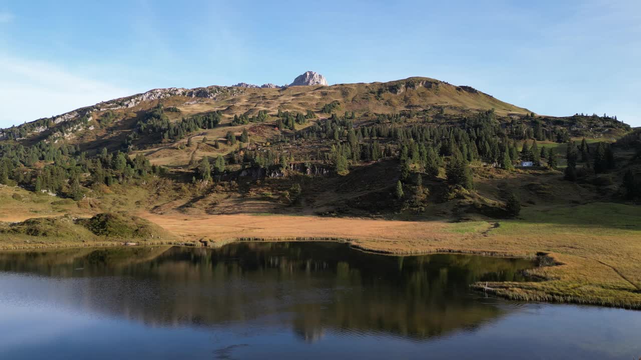 山的全景，从一个湖捕获的草地景观和几棵树视频素材