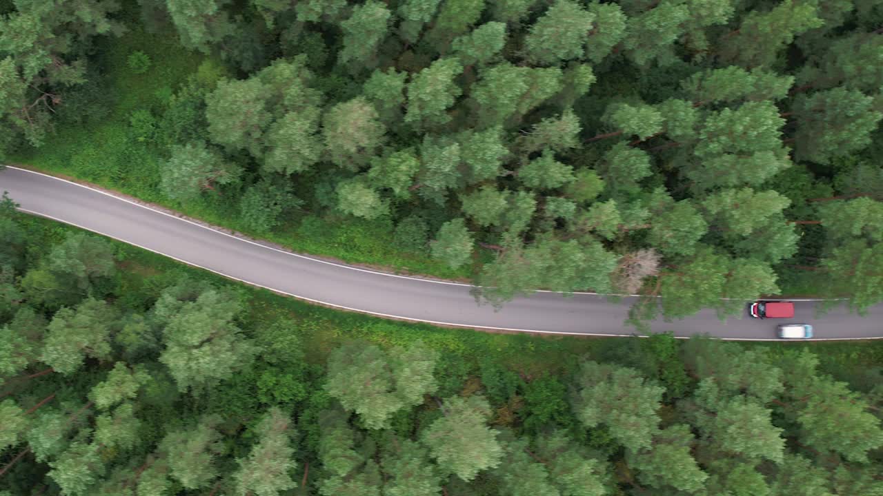 鸟瞰图夏日，红色汽车行驶在柏油路上，穿过广阔的森林。汽车在松林道路上行驶的航拍照片。穿越森林的公路旅行。风景优美的夏季景观。视频素材