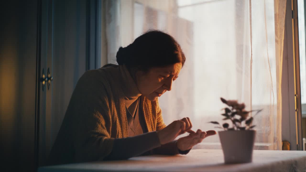 不开心的老女人在手心数硬币，贫穷和金融危机视频素材